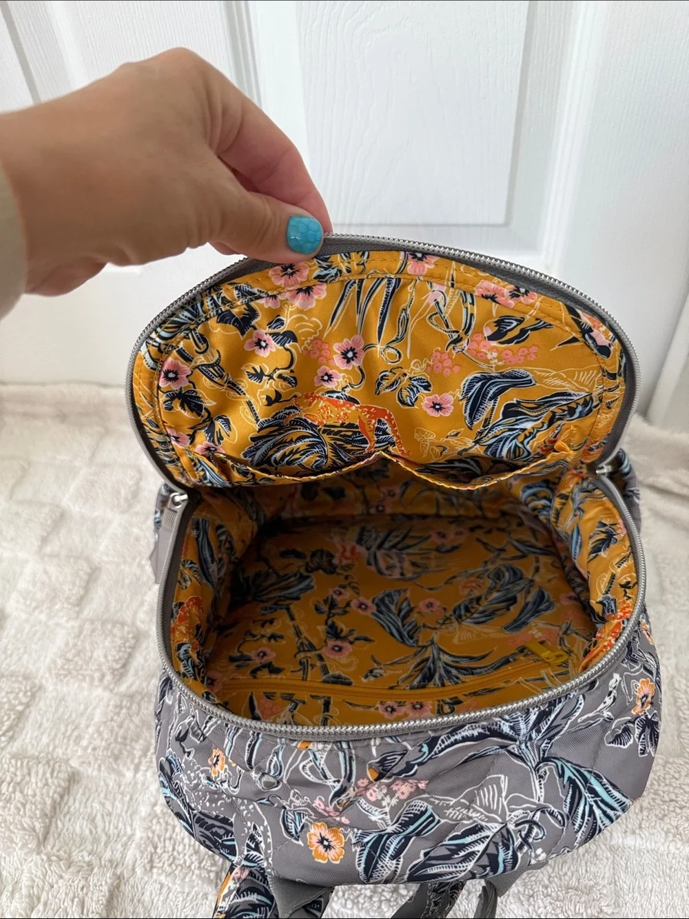 Vera Bradley Gray Floral Quilted Mini Backpack with Yellow Accents